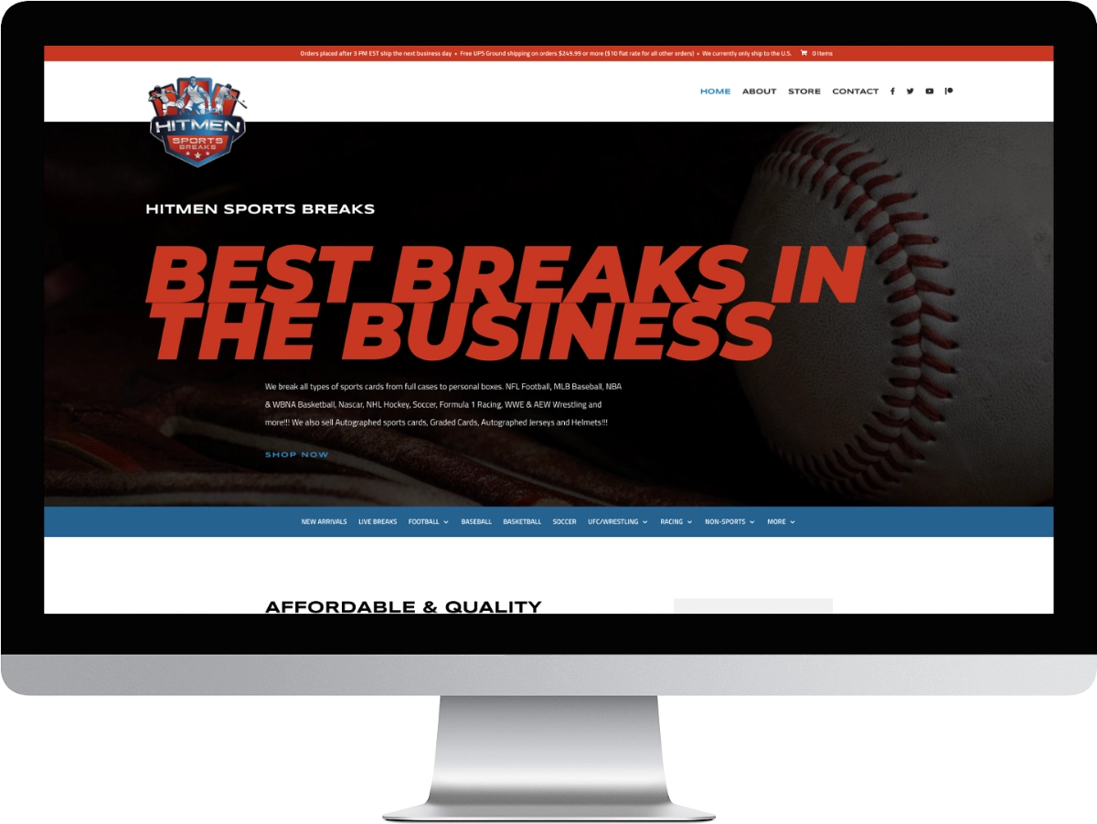 Hitmen Sports Breaks website mockup on a desktop screen