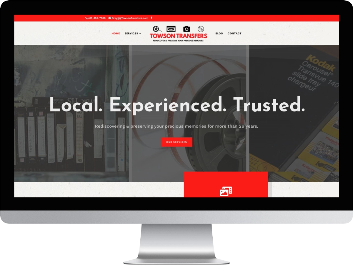 Towson Transfers website mockup on a desktop screen