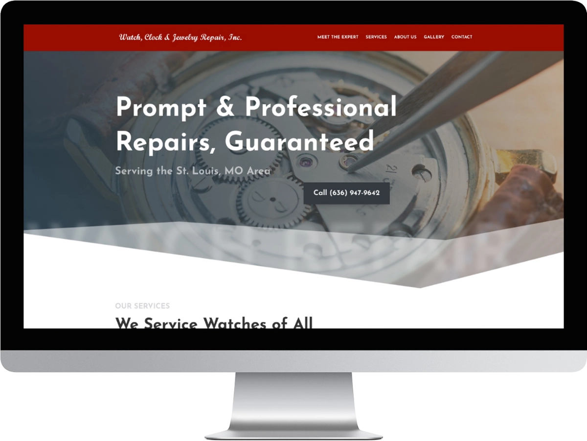 Watch, Clock & Jewelry Repair website mockup on a desktop screen