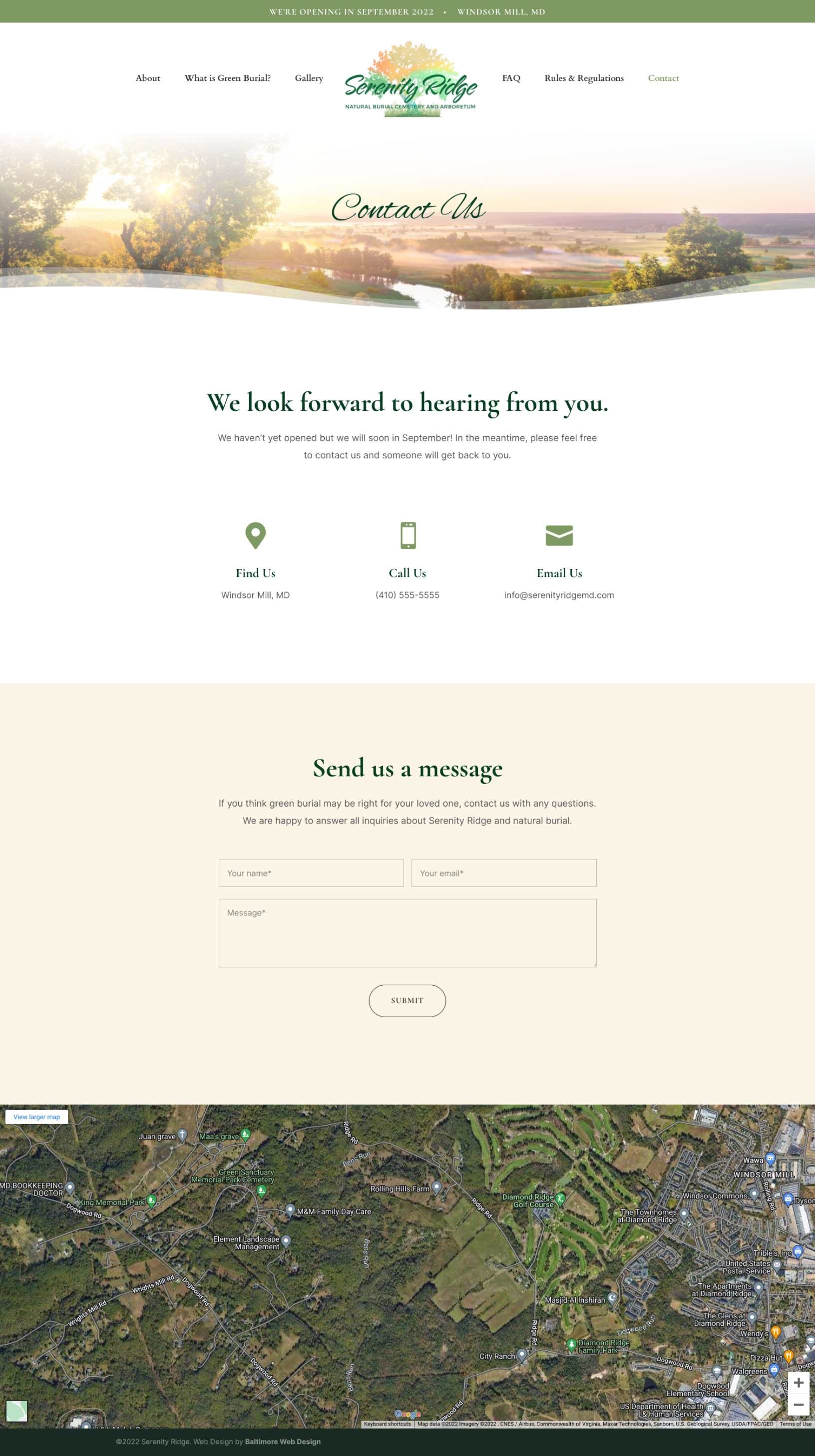 Serenity Ridge contact page mockup