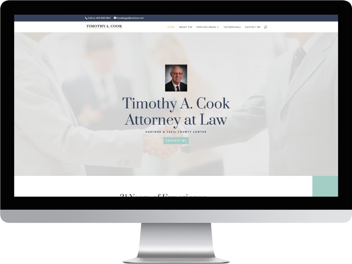 Tim Cook Law website mockup on a desktop screen